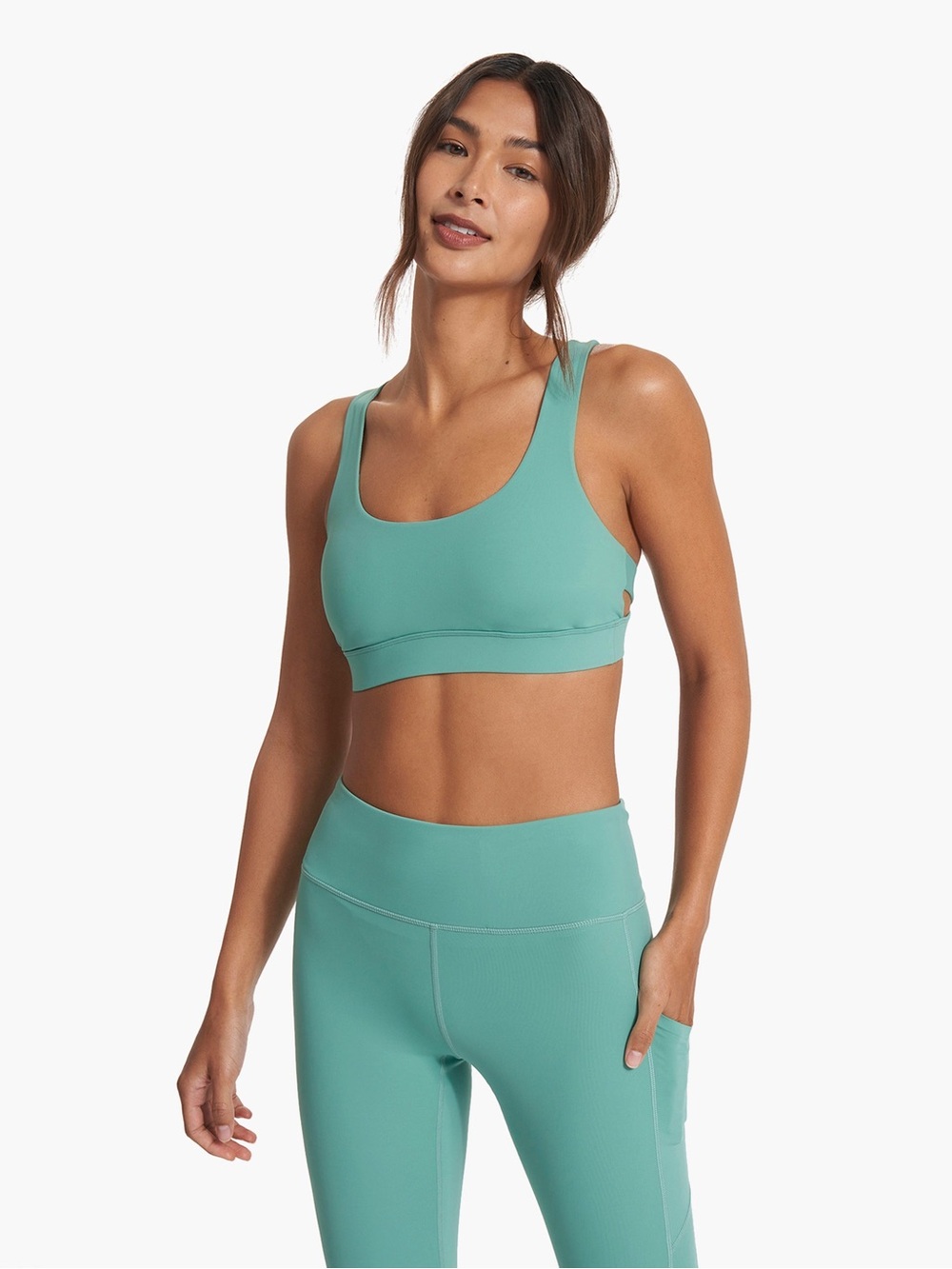 Vuori Scoop Neck Sports Bra in Teal Green